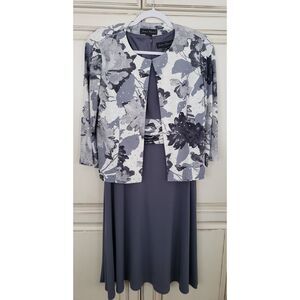 Jessica Howard Two Piece Dress‎ Jacket Set Sz 8p Grey White Charcoal Floral